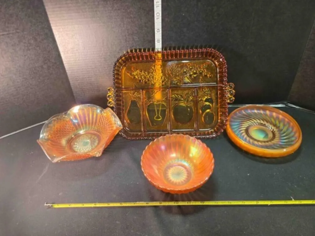 Amber glass divided tray, 3 bowls