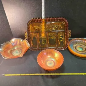Amber glass divided tray, 3 bowls