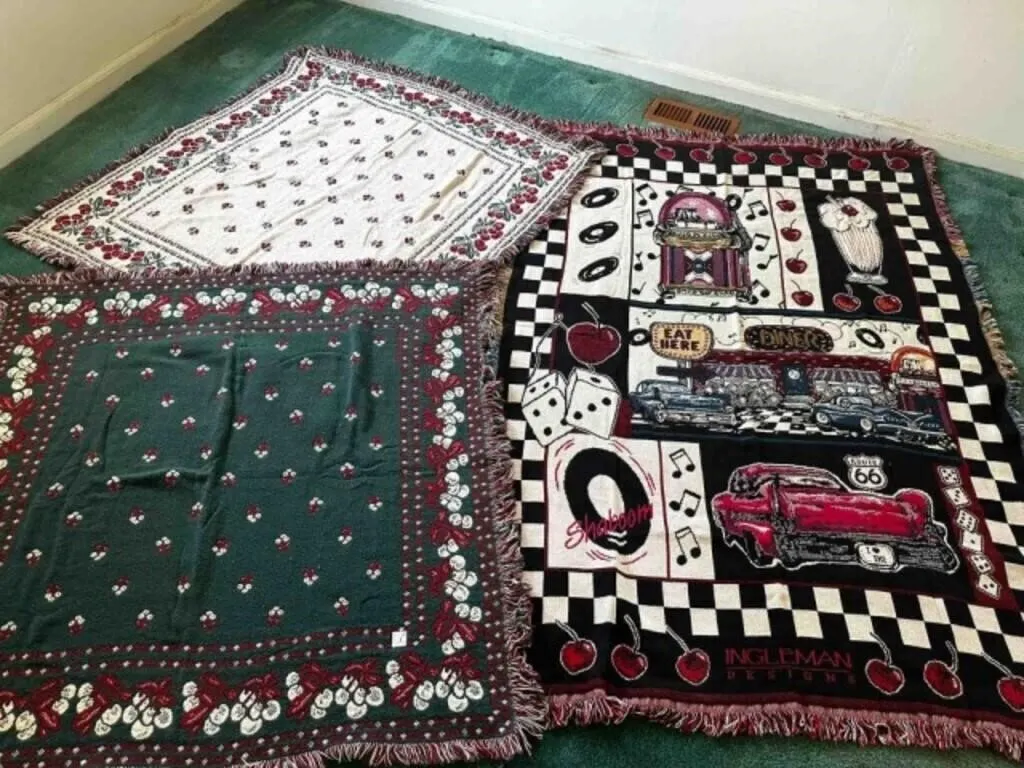 3 Cherry Afghan Throws, 2-47"x49", -Diner 68"x49"