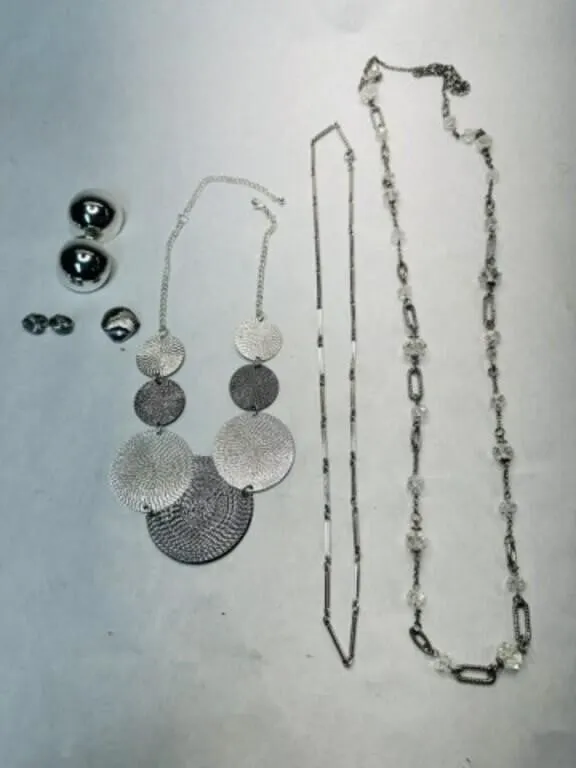 3 Silver tone Necklaces, Half Sphere Earrings, She