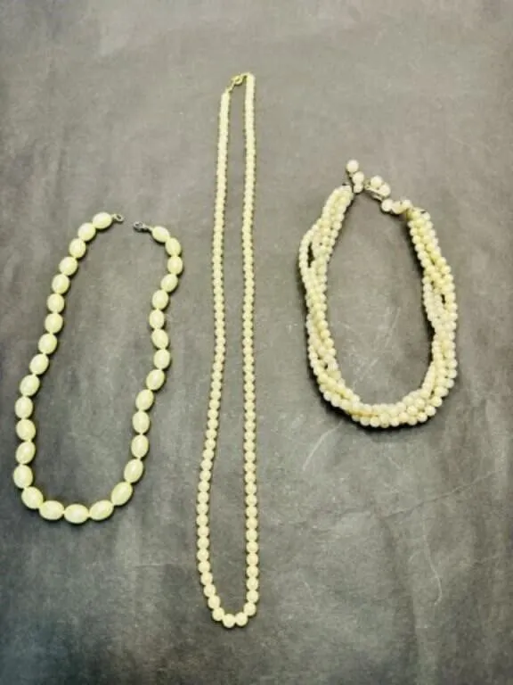 3 Faux Pearl Necklaces-Multi twisted Strand, 2 sin