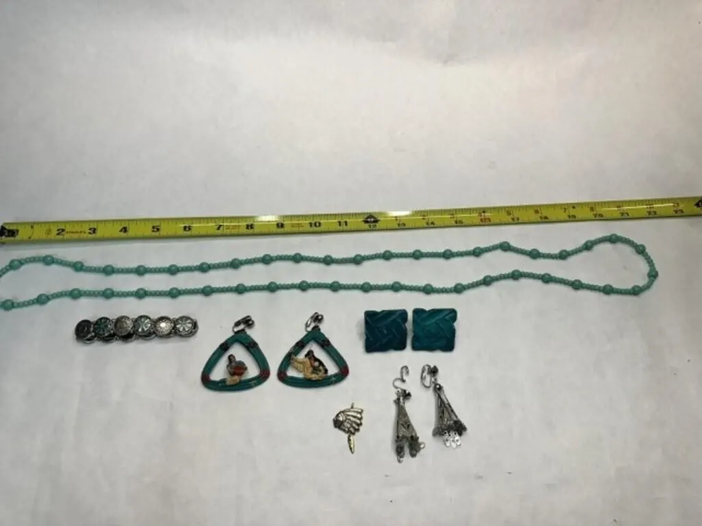 Faux Turquoise Bead Necklace 44", Wood Earrings,