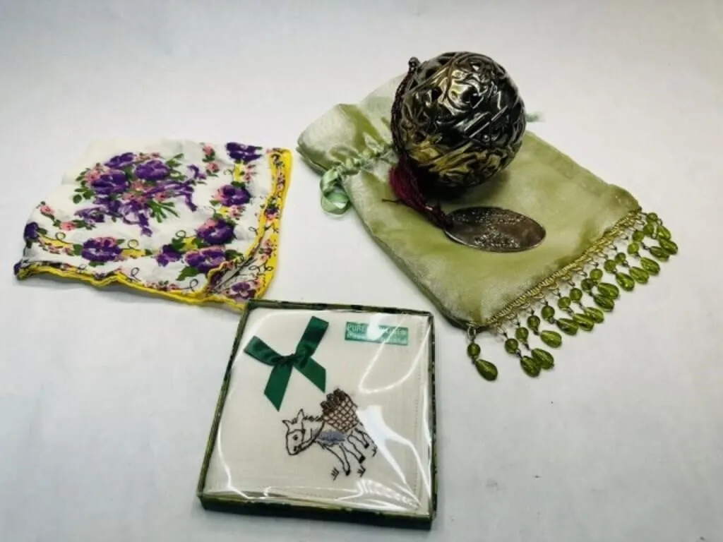 Irish Linen Donkey Handkerchief in box, floral han