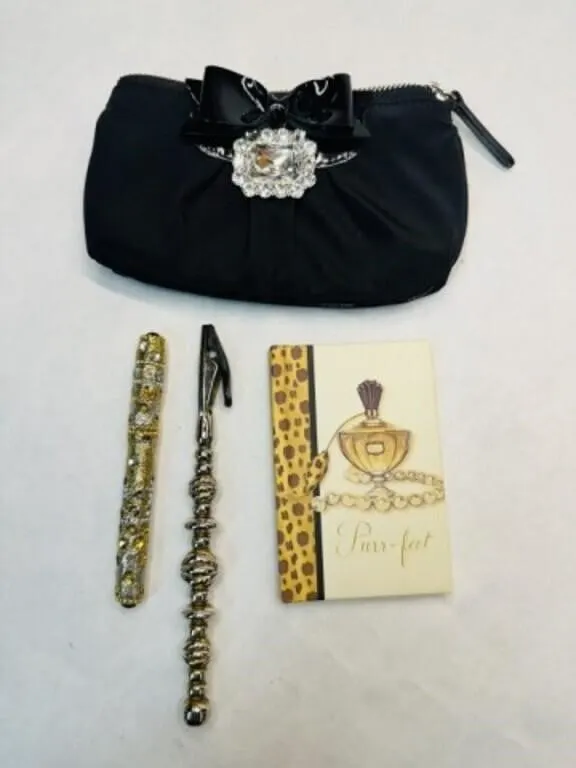 Fancy Zipper Evening bag, fancy Pen, silver & gold