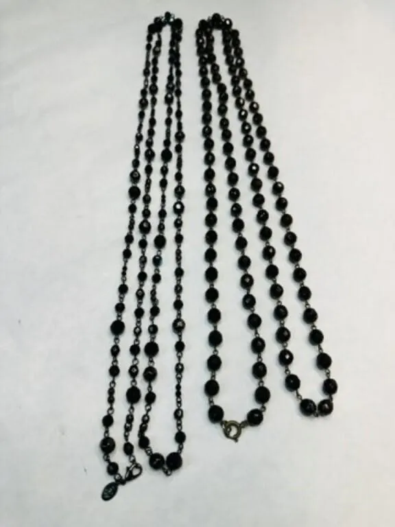2 Long Glass Bead Necklace Black k& Brown Faceted