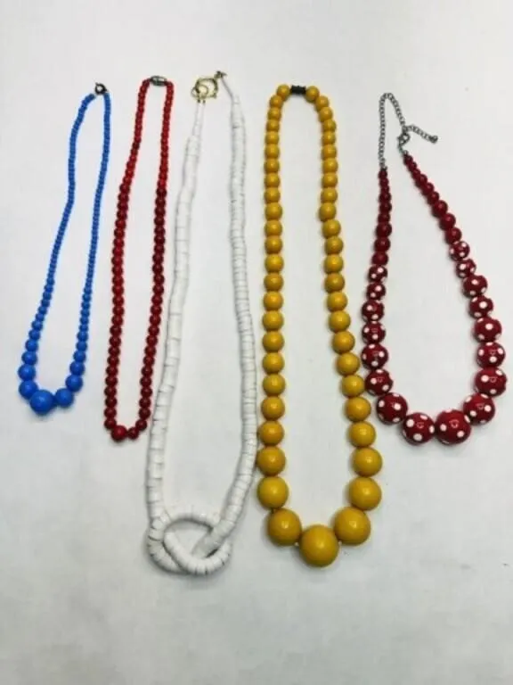 5 Colorful Single Strand Fashion Necklaces 1980's