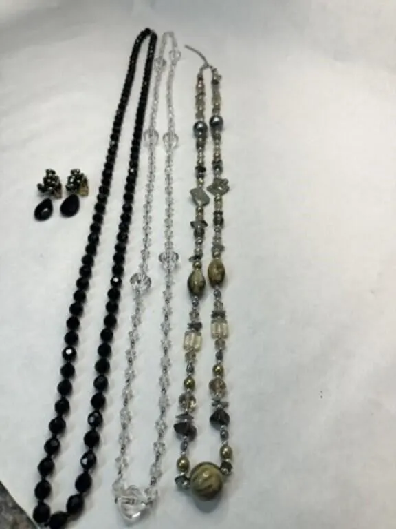 3 Long Glass Bead Necklaces-Black Glass faceted