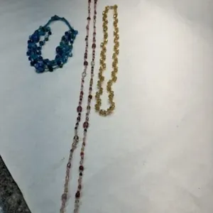 3 Glass Bead Necklaces, gold faceted beads, blue
