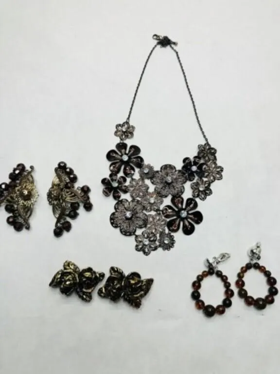 Brown Tone Bib Necklace, 2pr Bead Earrings, Collar