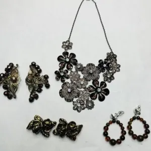 Brown Tone Bib Necklace, 2pr Bead Earrings, Collar