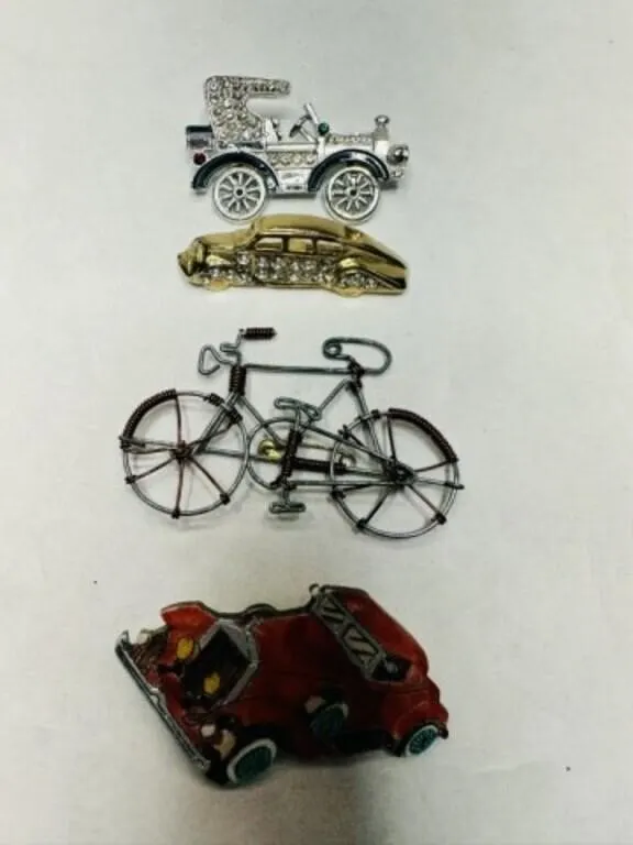 3 Car Brooches, 1 Bicycle brooch-wheels turn on