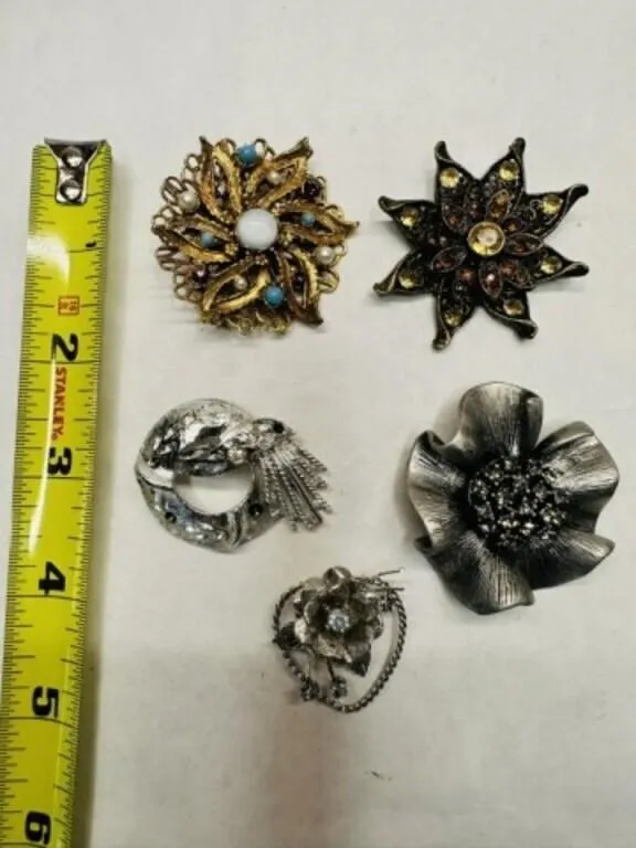 5 Brooches-Silver tone, antique gold, gold tone