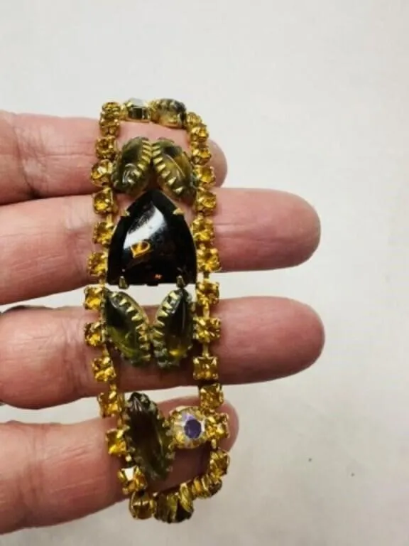 Mid Century Gold tone Bracelet Root beer & Topaz