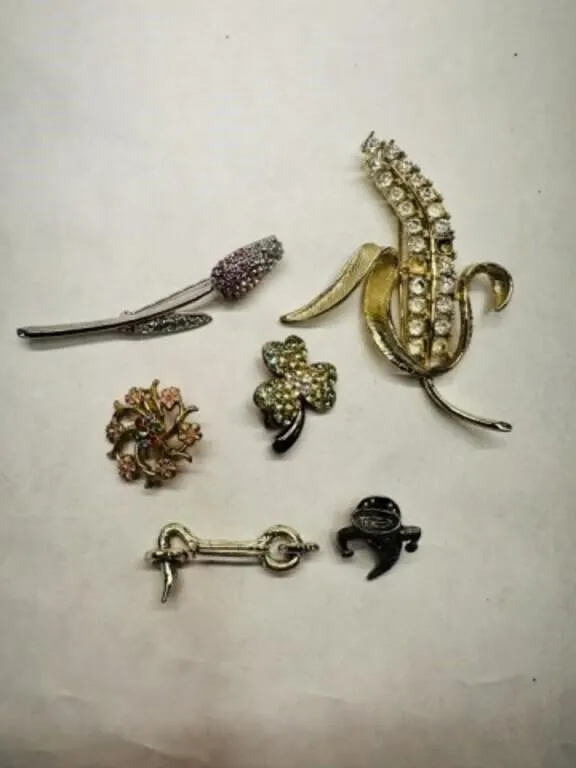 Vintage Rhinstone Brooches Pins-Rose Bud, Clover