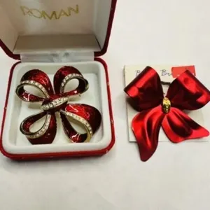 Christmas Bow Brooch Pins, Enamel w/ rhinestones