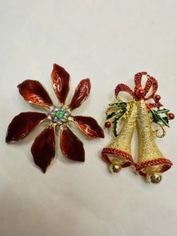 2 Christmas Brooches pins-rhinestones, enamel, gol
