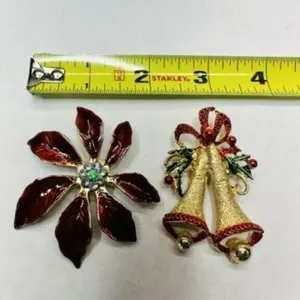 2 Christmas Brooches pins-rhinestones, enamel, gol