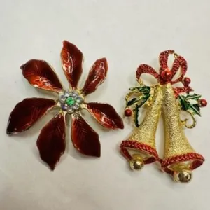 2 Christmas Brooches pins-rhinestones, enamel, gol