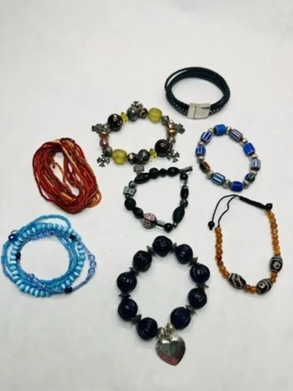 7 Stretch Bead Bracelets, 1 black leather clasp