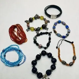 7 Stretch Bead Bracelets, 1 black leather clasp