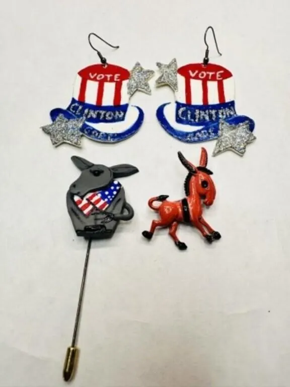 Vote Clinton Gore Earrings, 2 Donkey Pins, orange