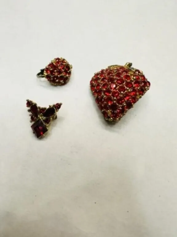 Red Rhinestone Vintage Strawberry Brooch, matching