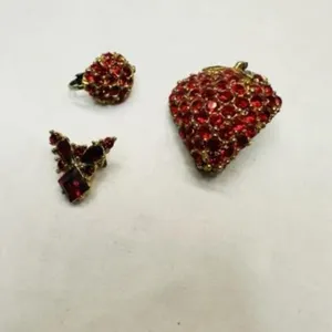 Red Rhinestone Vintage Strawberry Brooch, matching
