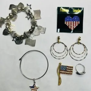USA Patriotic Jewelry, Rhinestone brooches, ring,