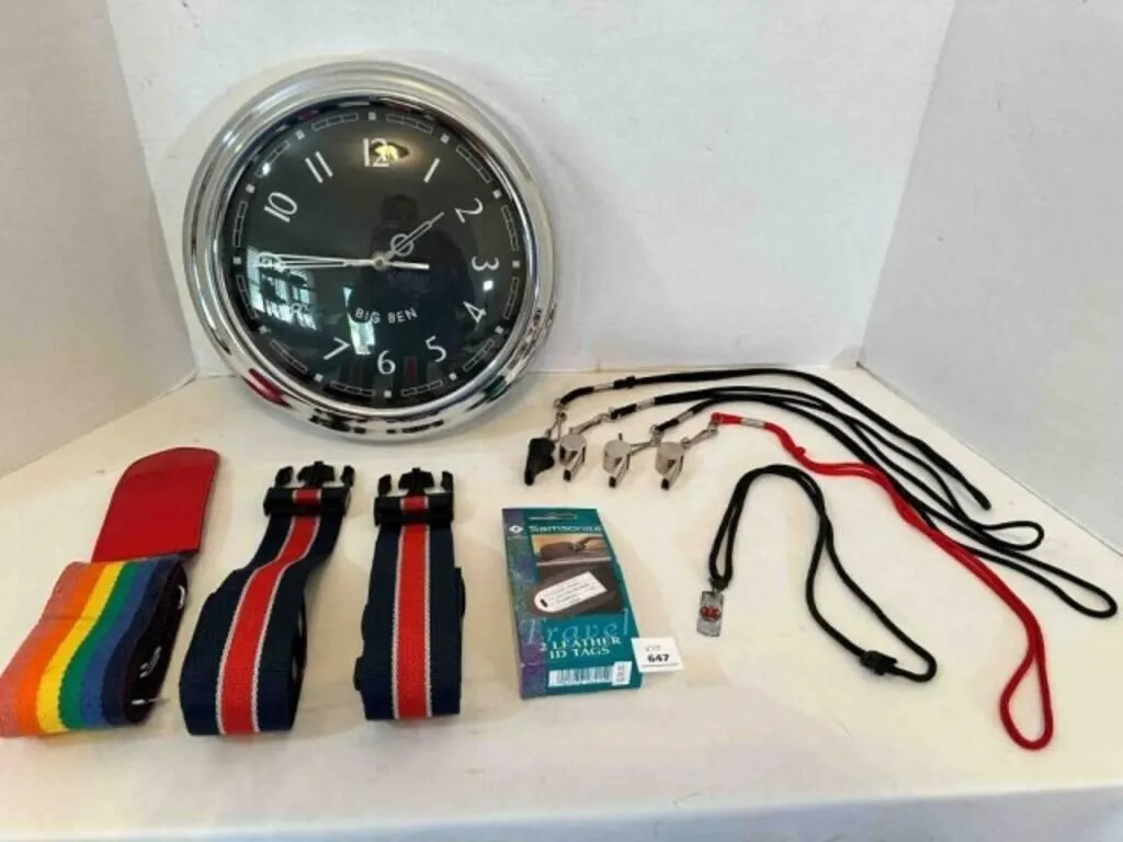 3 Luggage Straps, Whistles On Lanyards, Clock