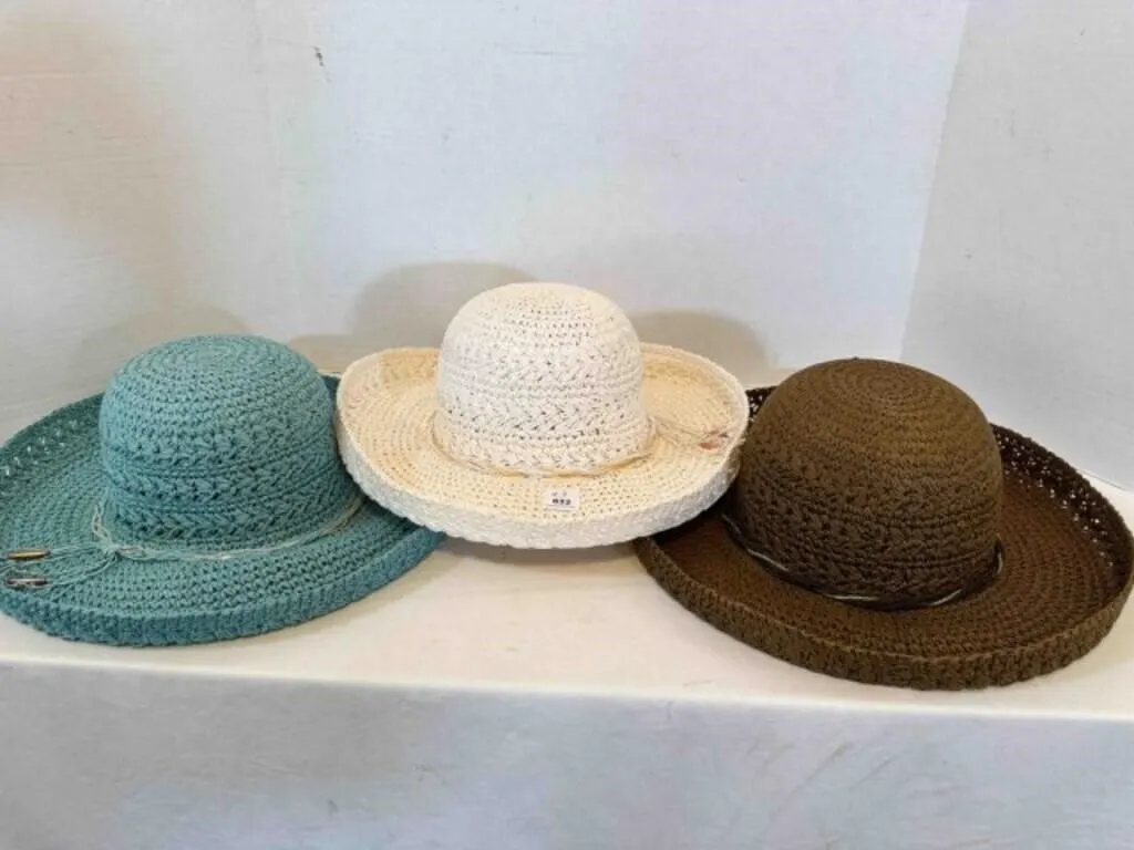 3 Nice Ladies Floppy Straw Hats brown white blue