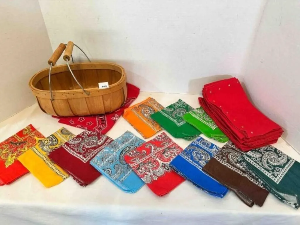 Basket of Bandana Scarves & Stack of cloth napkins