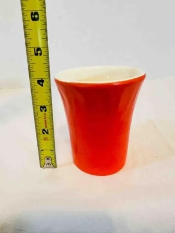4" Red Orange Pottery Glass, has swirls near top
