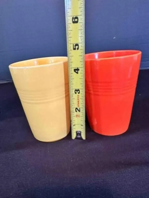 2 Ringed Fiesta Pottery Glasses 4.25" tall Orange