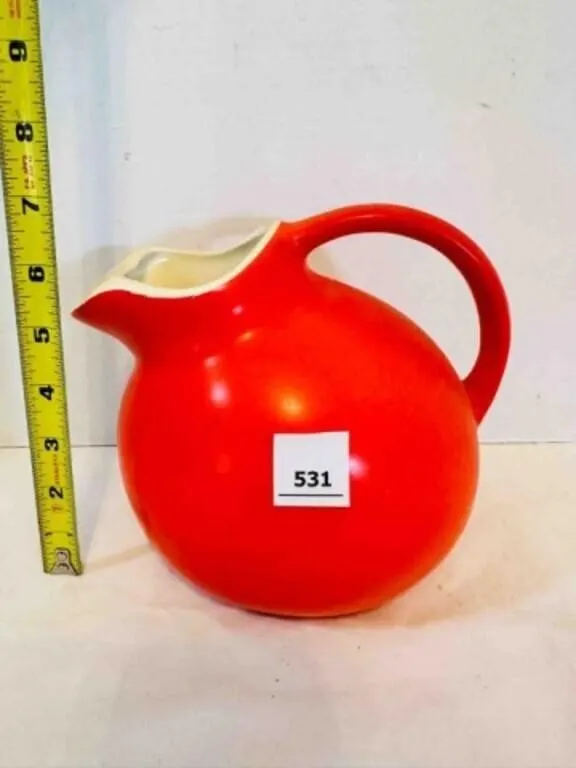 7" tall Orange Red Ball Pottery Pitcher unmarked