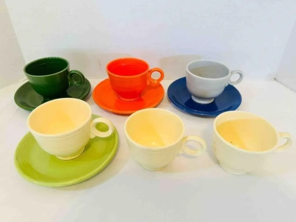 Fiesta 6 Cups & 4 Saucers, Chartreuse, gray, orang