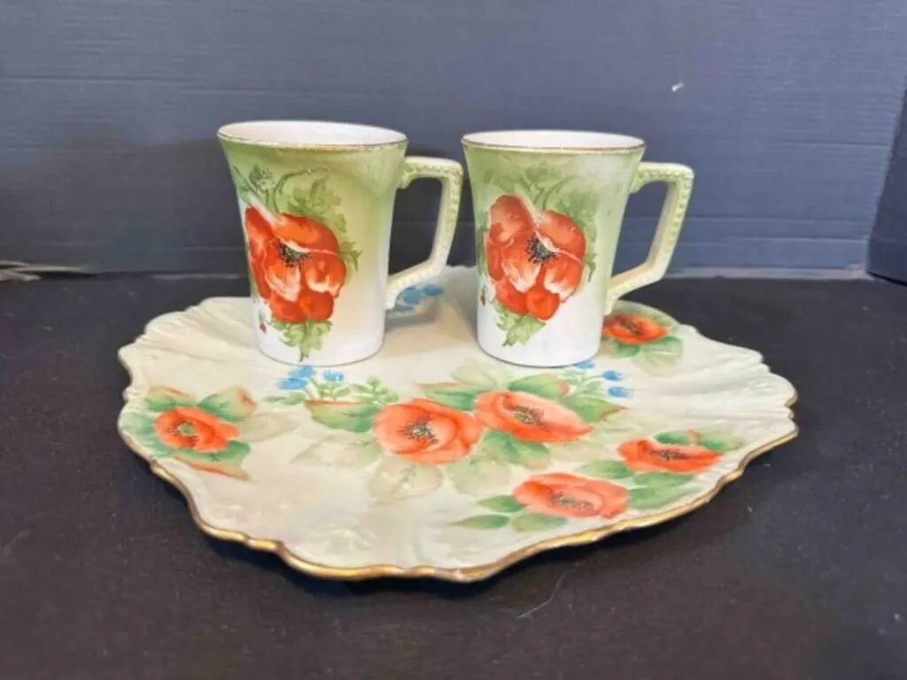Hand Painted Poppies 2 Cups, & plate, show wear,