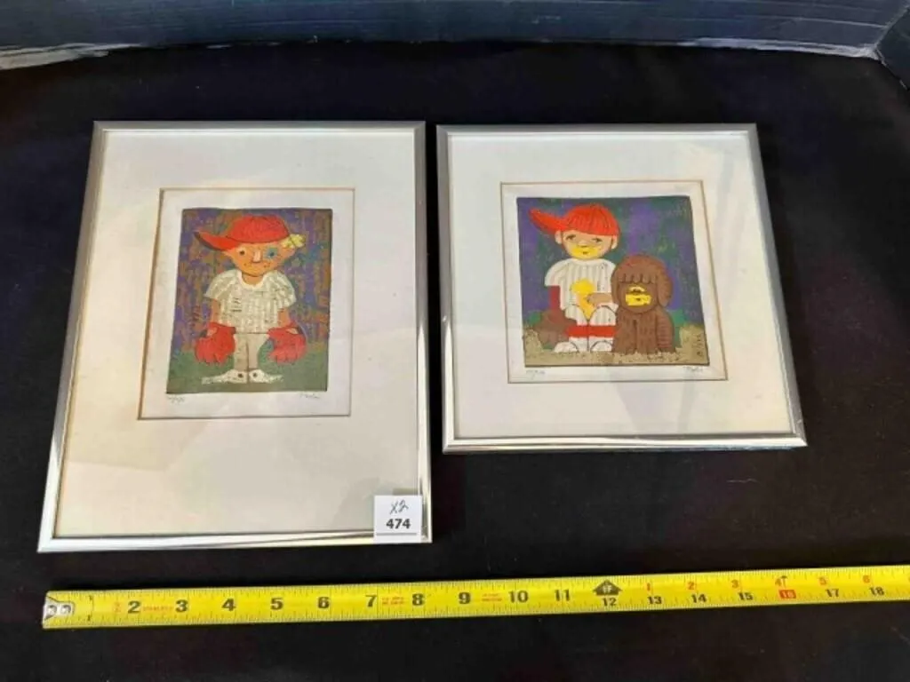2 Framed Al Robi signed & Numbers Linocuts 5"x6"