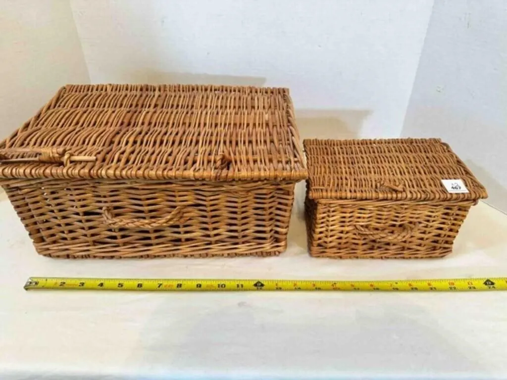 2 Wicker Hinged Baskets Boxes, largest is 15"x7"