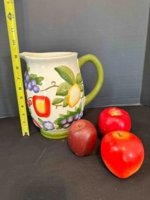 Fruit Ceramic Pitcher, 3 Fake Apples 9" tall