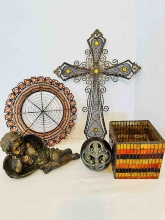 Square Glass Mosaic Vase, Resin Angel, Cross, Orna