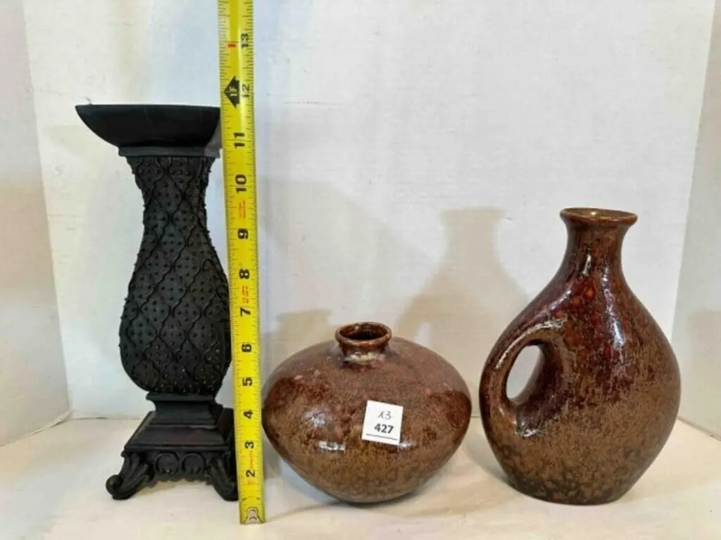 2 Matching Brown Pottery Vases, 1 resin candle sti