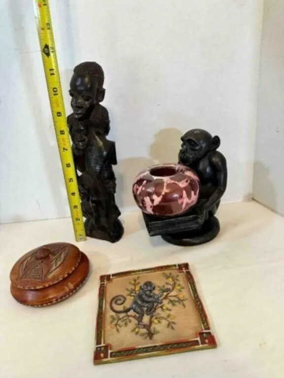 African Dark Heavy Wood Statue, Monkey Votive cand