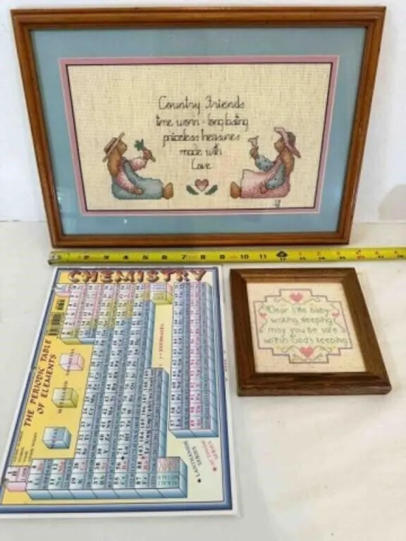 2 Framed Cross Stitch Pcs, Laminated Periodical Ta