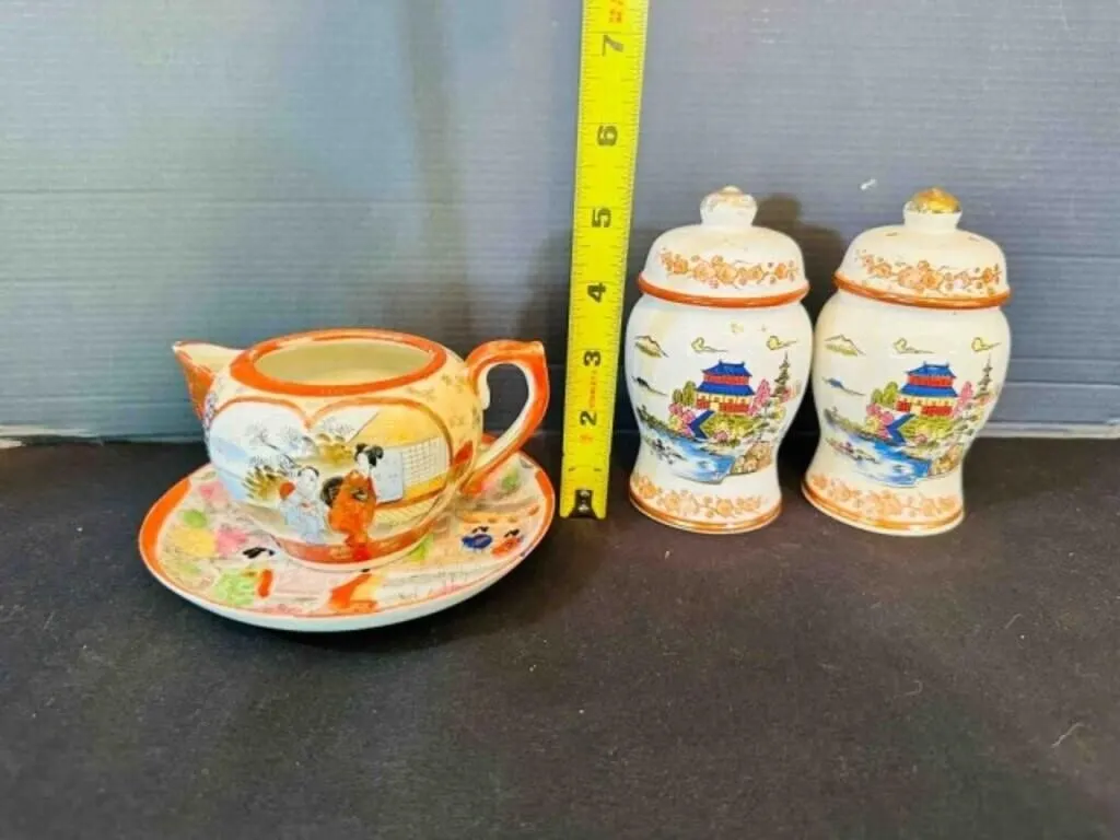 Asian Salt & Pepper Shakers, Saucer & Creamer
