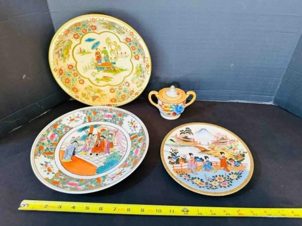 Asian Plates, Lustre Sugar Bowl, Tin Bowl-Daher