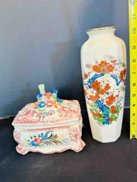 Asian Lidded Trinket Box, Asian Tall Vase 10.5"