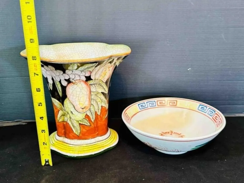 Asian style Vase 7.5" has crazing, Asian Bowl 7.5"