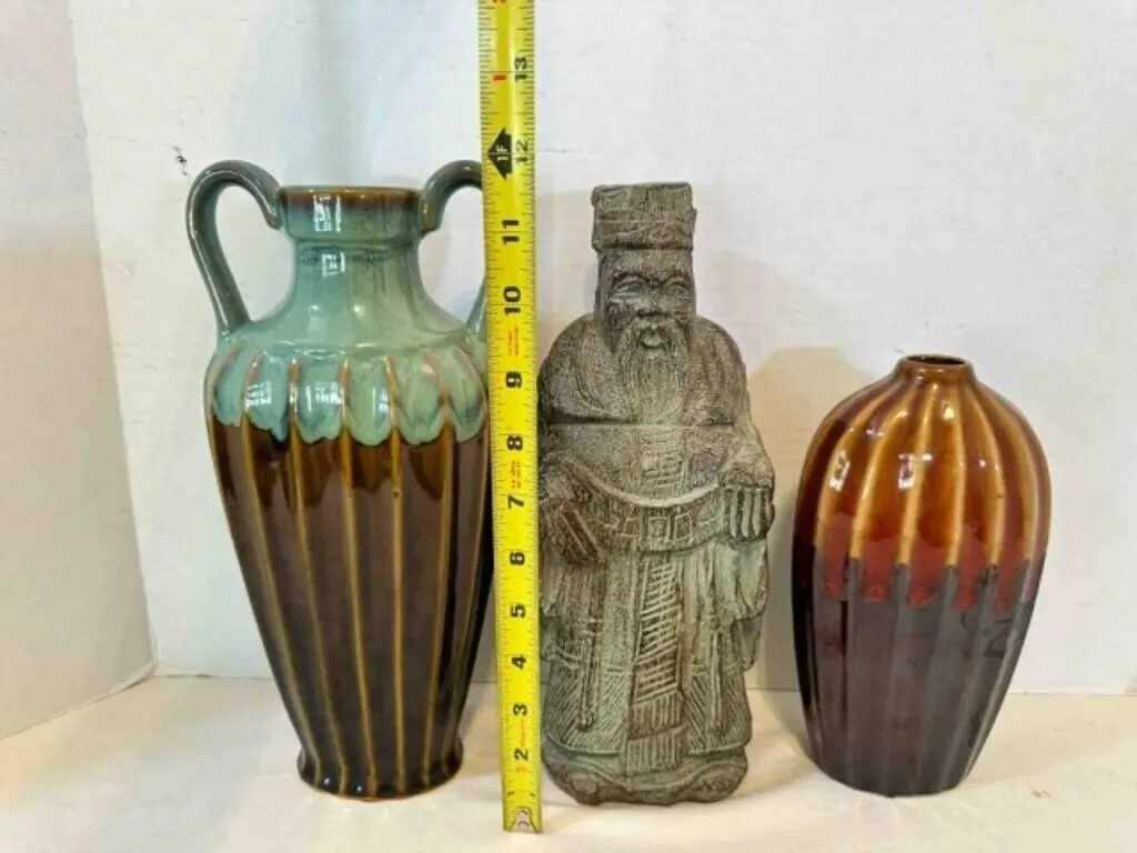 Asian Resin Statue, 2 Ribbed Vases tallest 11.5"