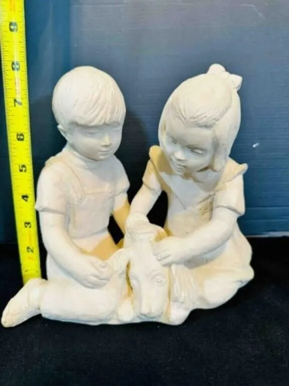 2 Kids & a Dog Sculpture by Austin Pro 1981 signed