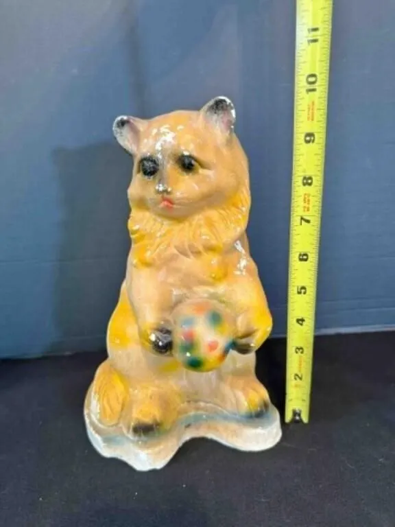 Plaster Chalkware Cat Kitty 10" has paint loss,
